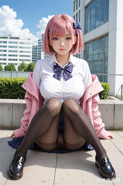 3599790560-1girl,solo,pantyhose,skirt,pink hair,shirt,outdoors,short hair,purple eyes,bow,sitting,looking at viewer,breasts,shoes,white shi.jpg