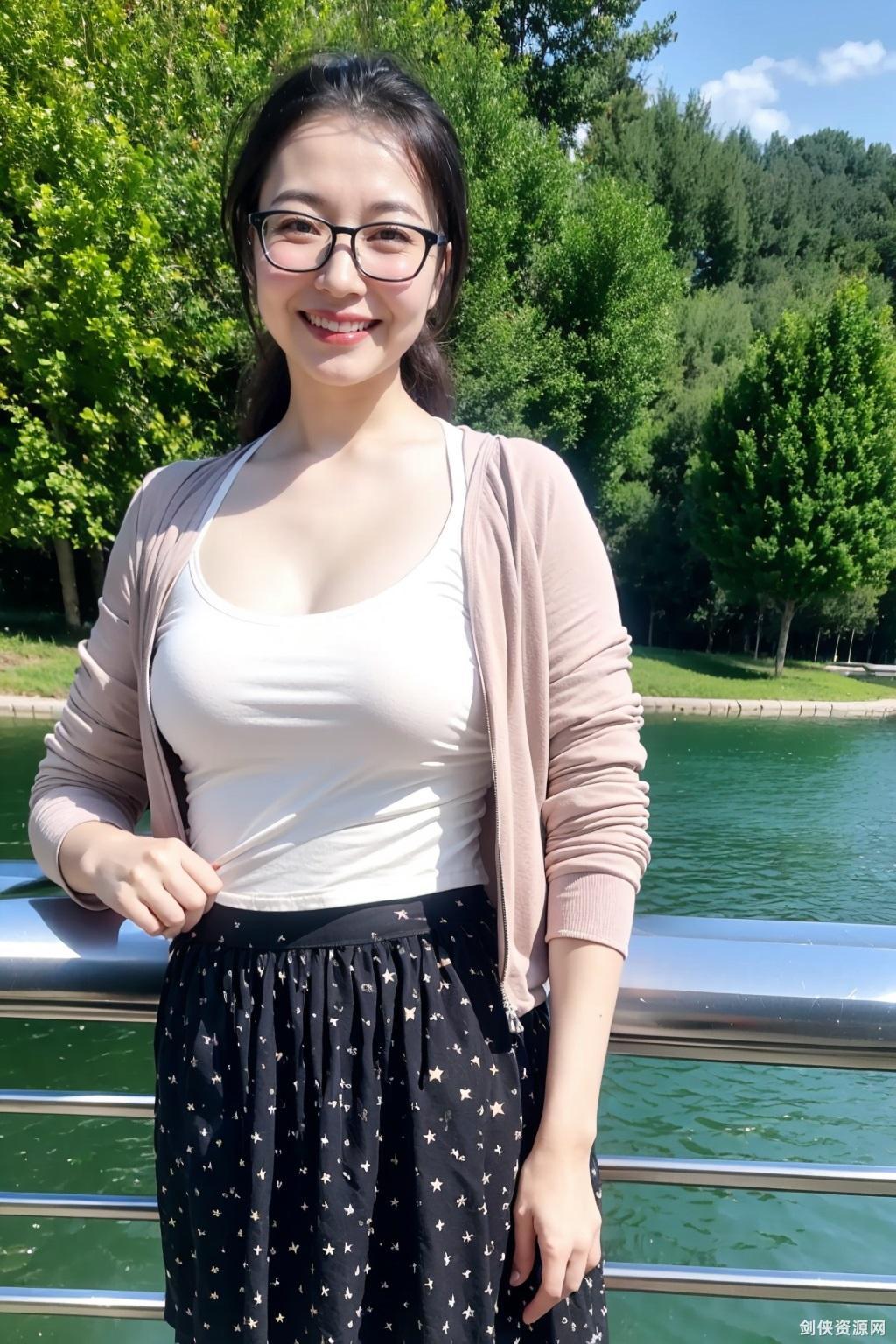 2657805975-shirt,glasses,skirt,(mature_female_1.2),realistic,outdoors,white shirt,real world location,tree,photo background,solo,day,smile,.jpg