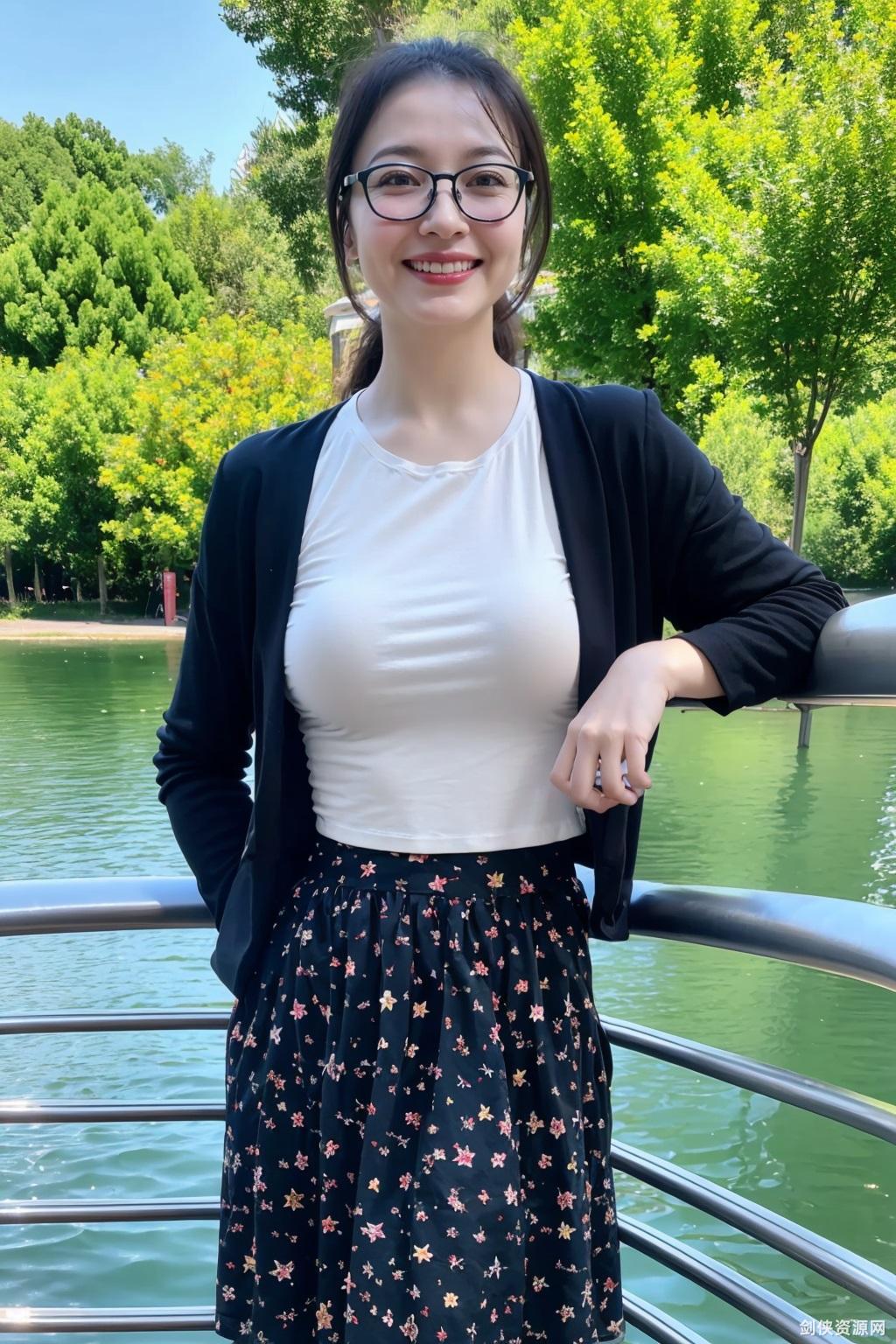 2657805976-shirt,glasses,skirt,(mature_female_1.2),realistic,outdoors,white shirt,real world location,tree,photo background,solo,day,smile,.jpg